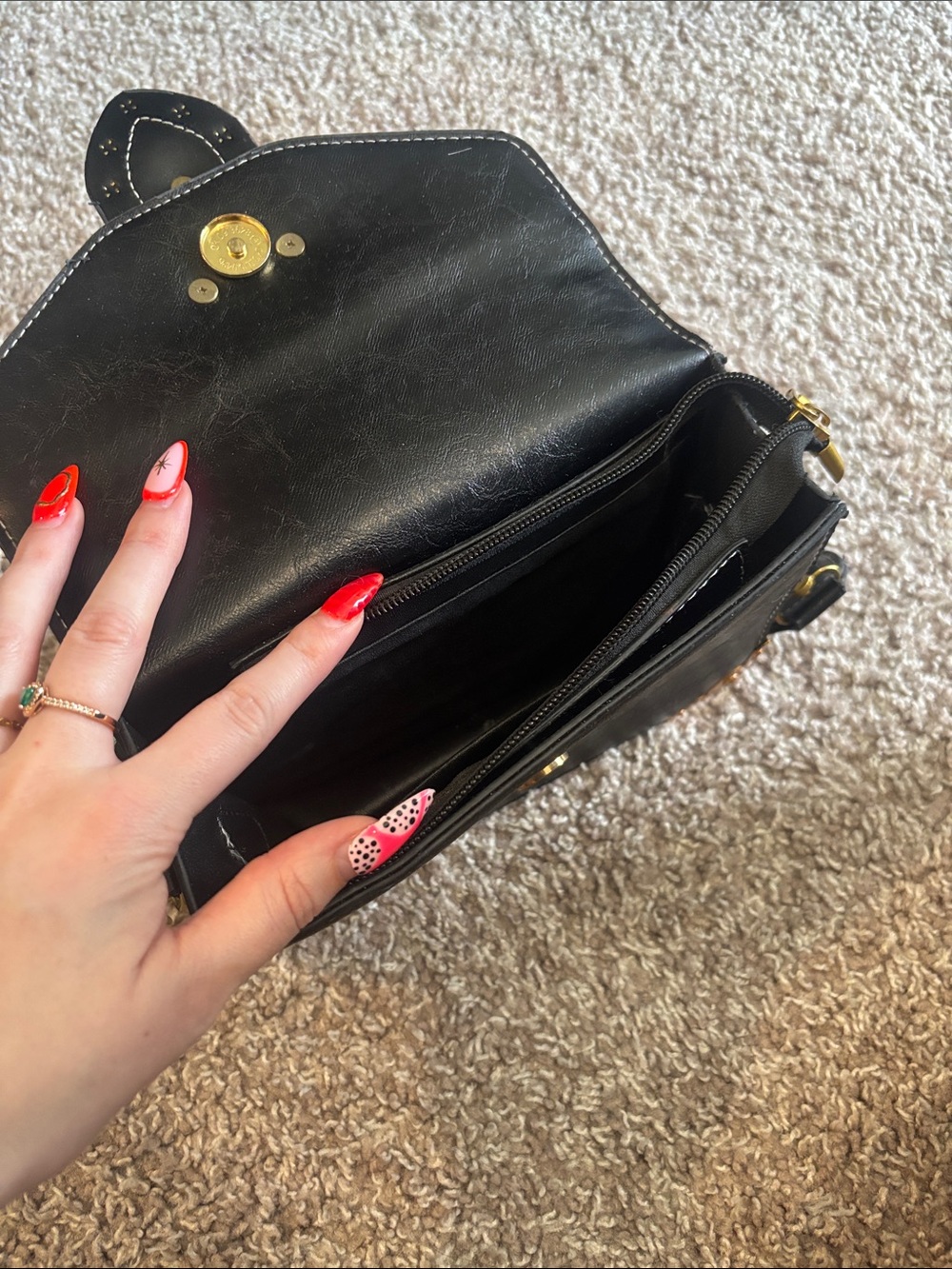 Black Leather Top-Handle Bag with Gold Lion Accent - Picture 2 of 3